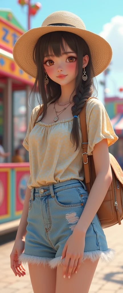 Highest quality、High resolution、Detailed Background、Realistic、RAW Photos、(Beautiful face in every detail:1.4)、Anatomically correct、Normal number of fingers、Detailed facial expressions、Japan beautiful age girls、Huge breasts、Perfect body line、Brown Hair、Braided bob cut、ponytail、Long Hair、Cute Eye Makeup、Cute Lip Makeup、Happy expression、Cute gestures、Model pose、
(Beautiful girl having fun at the amusement park:1.5)、
Cool dresses and shirt dresses、Shorts、Sandals are recommended、
It's cute to add some gorgeous summery earrings or necklaces.、
Wearing a hat can help protect you from the sun and also add a fashion accent.、
We recommend a backpack as a bag、The key points are the light texture and coloring.、very beautiful
