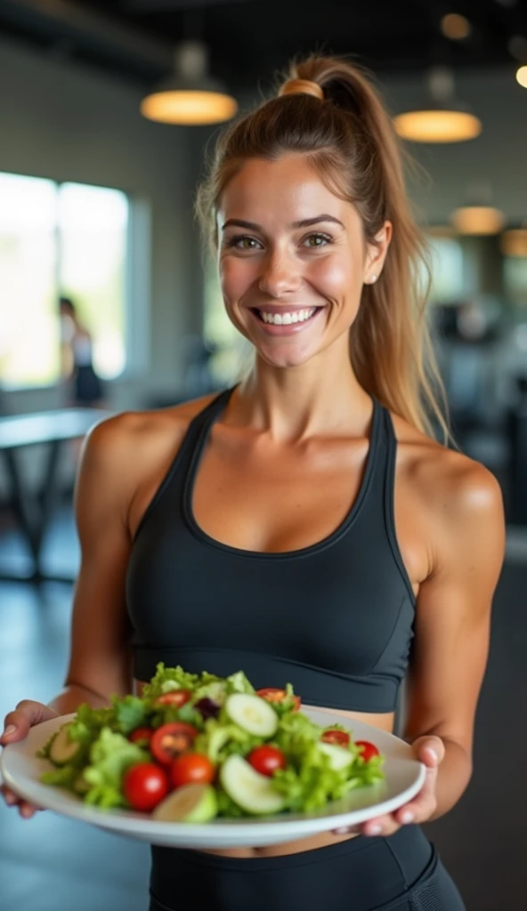 mulher fitness, EATING A PLATE OF SALAD, Grinning, dynamic pose, academy,GYM, offering some of the salad