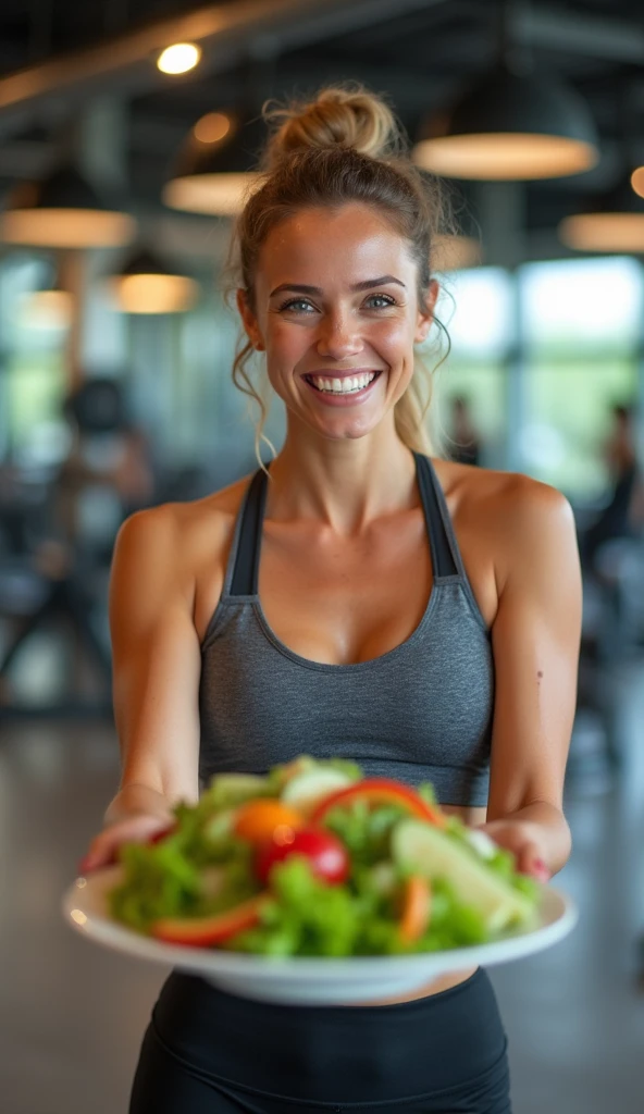 mulher fitness, EATING A PLATE OF SALAD, Grinning, dynamic pose, academy,GYM, offering some of the salad
