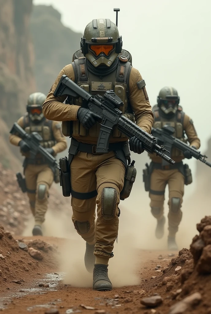Create a highly realistic visual depiction of the Empire's Special Forces advancing after an ambush in a futuristic dieselpunk setting. The Special Forces operatives are shown moving with precision and determination through a war-torn environment, wearing advanced combat gear with rugged, industrial designs. The scene is tense and dynamic, with the operatives advancing carefully, weapons at the ready, through smoke and debris. The background features the remnants of the ambush, with destroyed vehicles and scattered equipment. The art style should emphasize the intense action and gritty realism of the moment, showcasing the strength and skill of the Special Forces in the dieselpunk-inspired world.