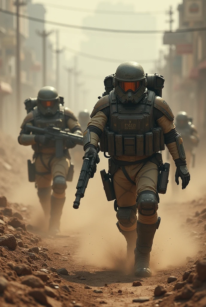 Create a highly realistic visual depiction of the Empire's Special Forces advancing after an ambush in a futuristic dieselpunk setting. The Special Forces operatives are shown moving with precision and determination through a war-torn environment, wearing advanced combat gear with rugged, industrial designs. The scene is tense and dynamic, with the operatives advancing carefully, weapons at the ready, through smoke and debris. The background features the remnants of the ambush, with destroyed vehicles and scattered equipment. The art style should emphasize the intense action and gritty realism of the moment, showcasing the strength and skill of the Special Forces in the dieselpunk-inspired world.