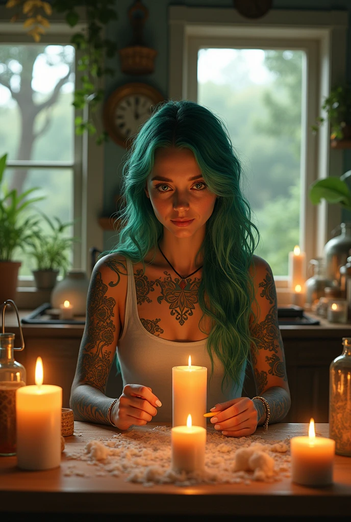A house with a garage and a small golden car and green spaces, Big windows, a landscape, a tattooed woman with long wavy green hair, creating candles in a candle workshop, magical, free and happy