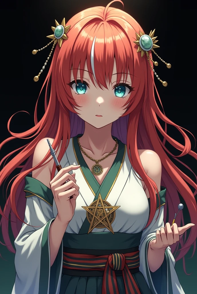 A full body image of an girl, personagem do anime "Demon Slayer", with long, straight, fire-colored hair with two white streaks highlighted in the front, framing your face. She has blue-green eyes and pale skin.. she is a Wiccan, she is in fighting pose. She wears a pentagram necklace and beautiful feminine Japanese clothes, she holds a nail hammer and small nails. Designed by Koyoharu Goutoge. black backdrop.