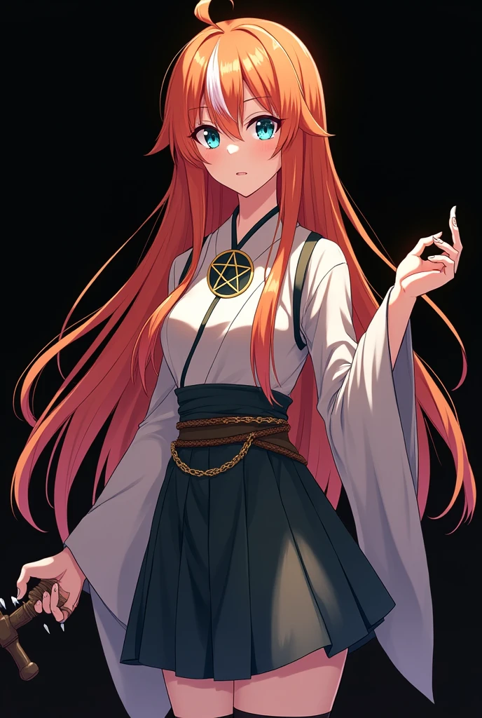 A full body image of an girl, personagem do anime "Demon Slayer", with long, straight, fire-colored hair with two white streaks highlighted in the front, framing your face. She has blue-green eyes and pale skin.. she is a Wiccan, she is in fighting pose. She wears a pentagram necklace and beautiful feminine Japanese clothes, she holds a nail hammer and small nails. Designed by Koyoharu Goutoge. black backdrop.