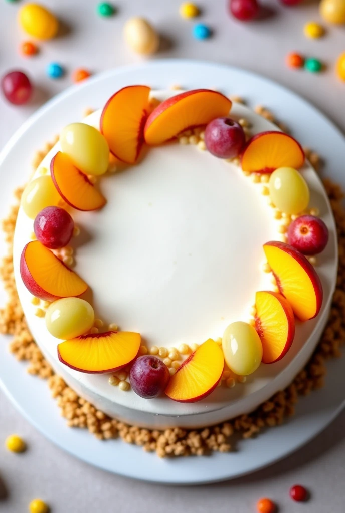 A white cake for a boy with sliced peaches in syrup and grapes cut in half in a circle on top and around it colored sweets and space in the center for the photograph 