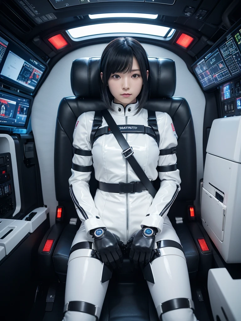 Japanese female android,Black Hair,Factory Cockpit,Secured to the seat with a thick harness,Plump,Slightly thicker,With legs apart,Shiny white robot suit,Robotic arms and legs,Surrounded by switches and monitors,