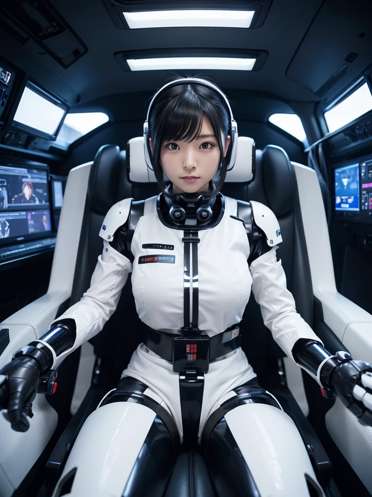 Japanese female android,Black Hair,Factory Cockpit,Secured to the seat with a thick harness,Plump,Slightly thicker,With legs apart,Shiny white robot suit,Robotic arms and legs,Surrounded by switches and monitors,