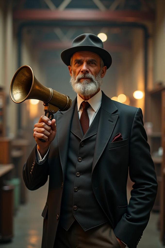 person holding an old film director's megaphone in his left hand