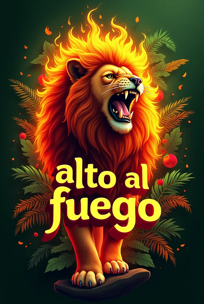 Reggae style fire lion logo with the name Alto al fuego in the center in a green, yellow and red color palette
