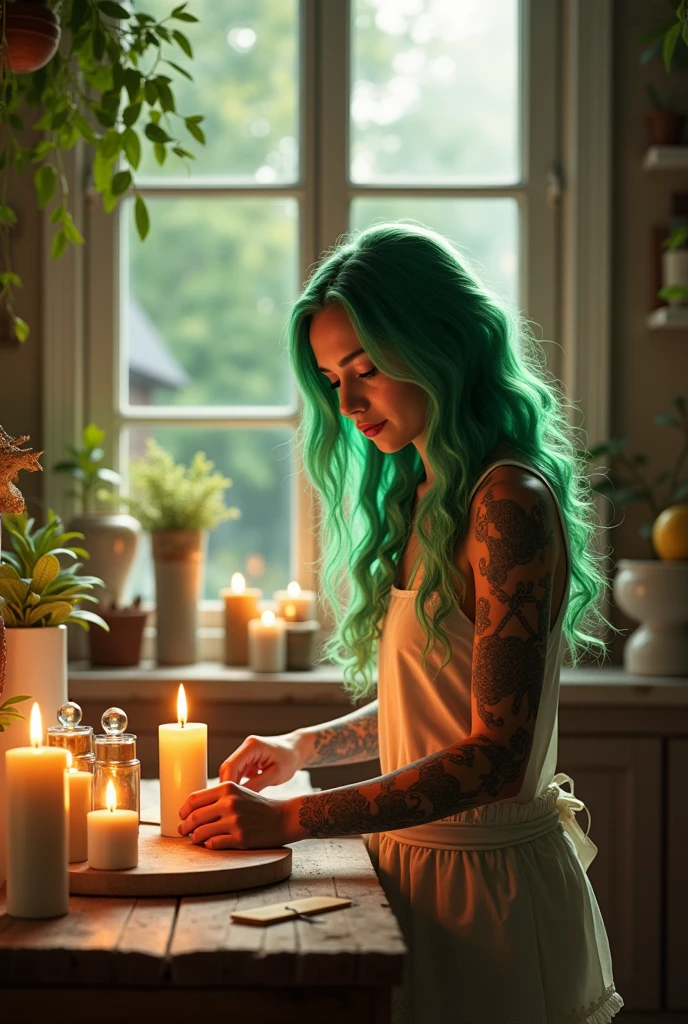A house with a garage and a small golden car and green spaces, Big windows, a landscape, a tattooed woman with long wavy green hair, creating candles in a candle workshop, magical, free and happy 