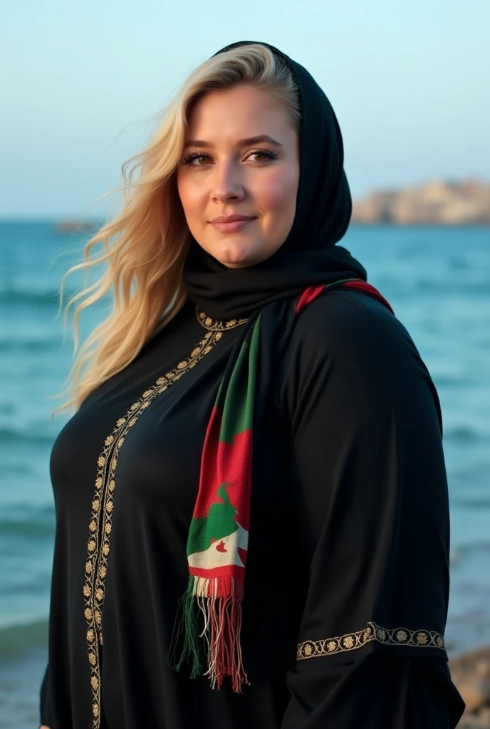 Close up, blonde, plump woman, wearing a black abaya, embroidered with gold, on her shoulder a scarf of the Algerian flag, the Algerian flag is detailed in all its colors and very precise, looking directly at the camera, she is standing on the blue sea shore 
