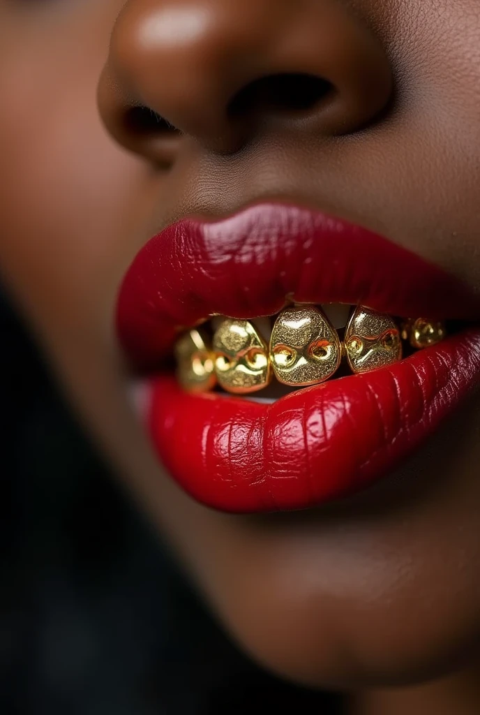 Woman's mouth with red lipstick, dark skin and gold grillz on her teeth forming the words " lab delaxx"
