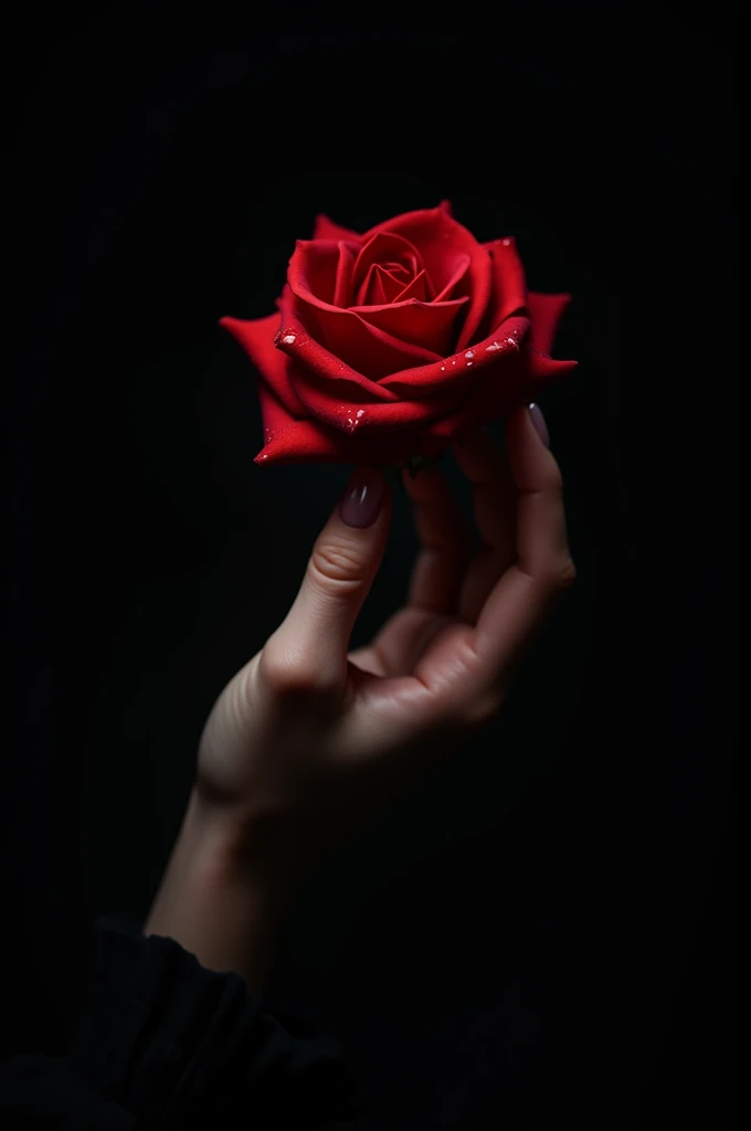 A hand with a rose on a black background