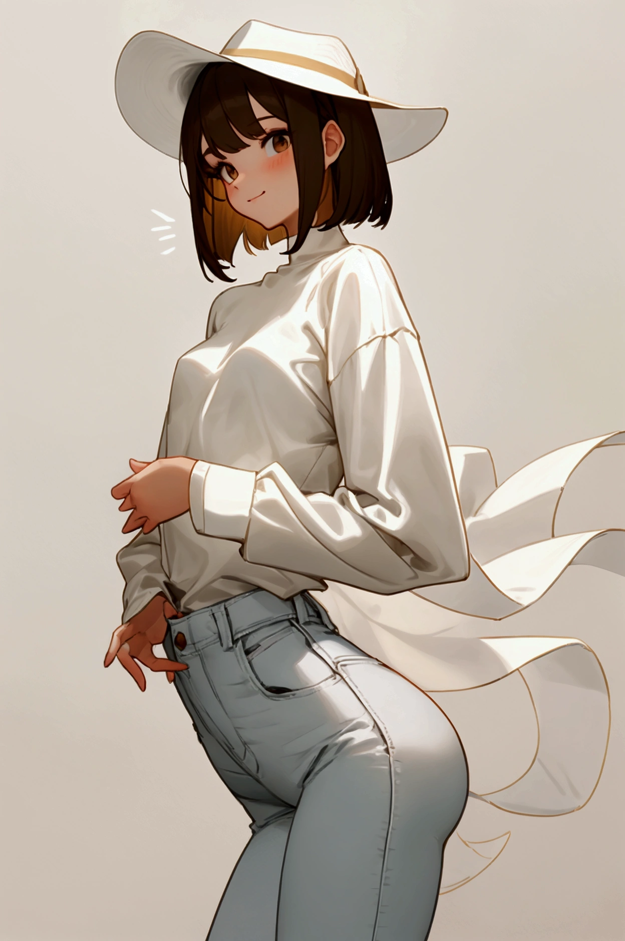 a painting of a young woman, soft thighs, small breasts, soft figure, regular sized brown eyes, white skin, wearing casual clothes: [waffle texture] light gray long sleeve shirt with high-rolled-up-sleeves(u-neck shirt), off-white Panama hat, slim jeans. slightly wavey hair(cut neck-length), kind facial features, hands on thighs, casual pose, soft smiling expression, soft-brunette hair. soft shading, drawing outlines