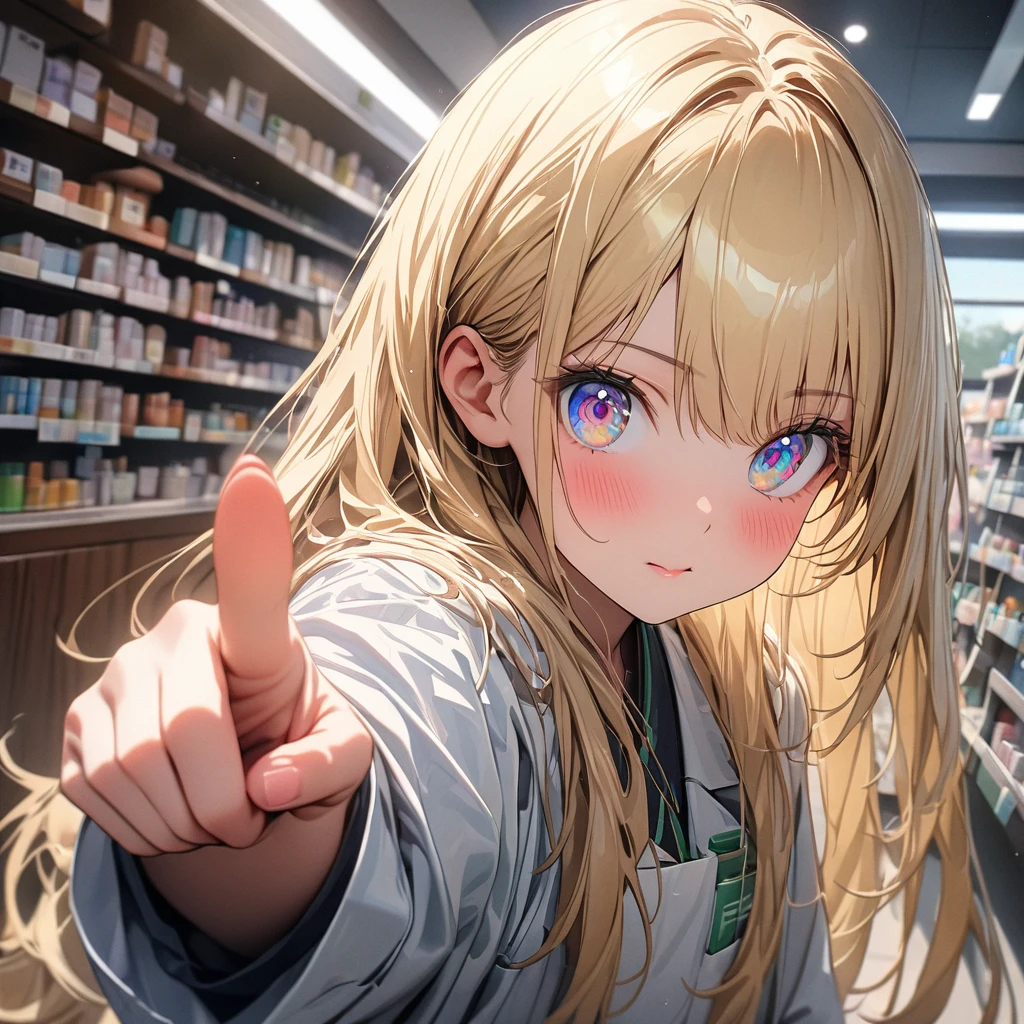 ((masterpiece)), ((Highest quality)), (Super Detail:1.2), (High resolution:1.3), ((Very detailed)), (8k), (Professional photography:1.2), (so beautiful:1.2), (Sharp focus), (Perfect light), (Cast a Shadow), cute young Girl, Shiny straight hair, (Loose bangs), ((Blonde Hair)), Highlighted Hair, ((Close)), (A cunning expression), Long Hair, Big eyes, colorful eyes, blush, ((Droplet)), cute cheeks, Glossy Lips, ((Highest quality)), (White, pharmacist), ((Pointing pose)), (colorful), cute makeup, ((With the interior of a pharmacy in the background)), cute, (Beautiful paintings),