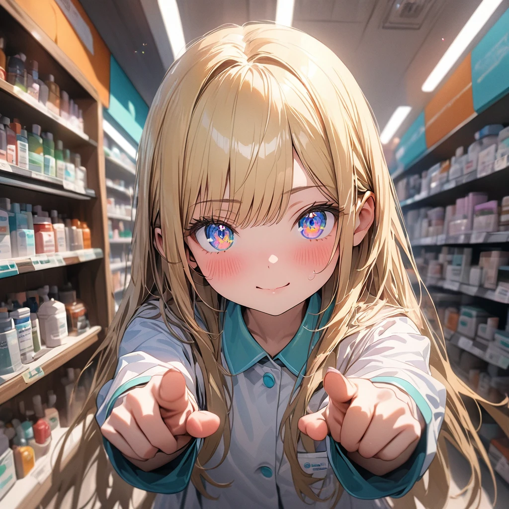 ((masterpiece)), ((Highest quality)), (Super Detail:1.2), (High resolution:1.3), ((Very detailed)), (8k), (Professional photography:1.2), (so beautiful:1.2), (Sharp focus), (Perfect light), (Cast a Shadow), cute young Girl, Shiny straight hair, (Loose bangs), ((Blonde Hair)), Highlighted Hair, ((Close)), (A cunning expression), Long Hair, Big eyes, colorful eyes, blush, ((Droplet)), cute cheeks, Glossy Lips, ((Highest quality)), (White, pharmacist), ((Pointing pose)), (colorful), cute makeup, ((With the interior of a pharmacy in the background)), cute, (Beautiful paintings),