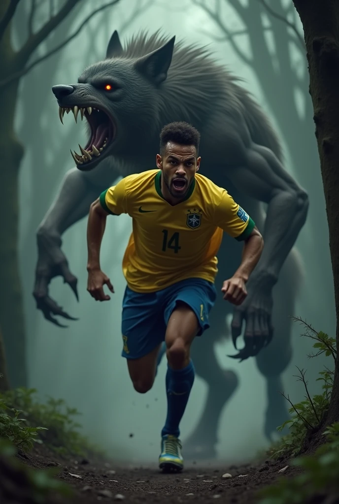 Neymar running away from a werewolf 