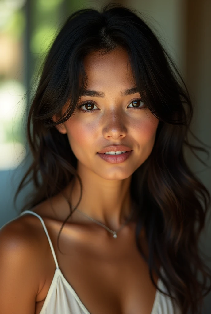 BRAZILIAN woman, ((of the highest quality, 8k, RAW Photos, masterpiece :1.3)), (realist, realist:1.37), Very detailed, ultra high resolution, (Professional lighting), ((from above:1.2)),((Full body photo)), small breasts, perfect face, Beautiful expression, beautiful face, pretty eyes, 1 high school girl, beautiful girl, beautiful black hair, Natural lighting, (direct light:0.4), 8mm film grain, photographed on a Sony a9 II, 24mm lens, f/2.8 aperture, Deep focus,