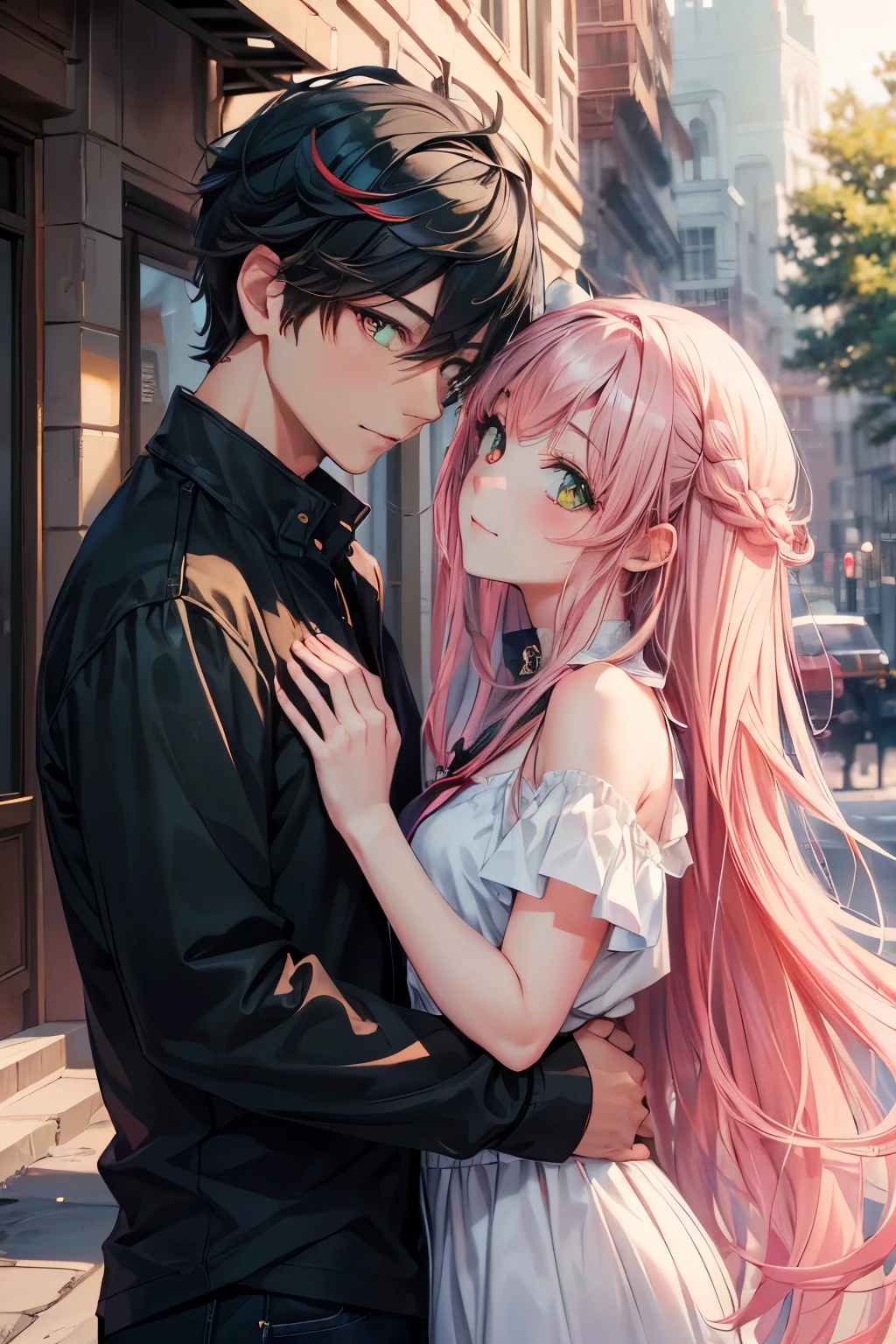 Couple, watching each others eyes, One person女の子, (((masterpiece, Highest quality, scenery, beautiful))), sky, ((Red-eyed girl, Vibrant black long hair)), Tsundere, ((Intimate)), One person, ((Green-eyed boy, Short black hair))