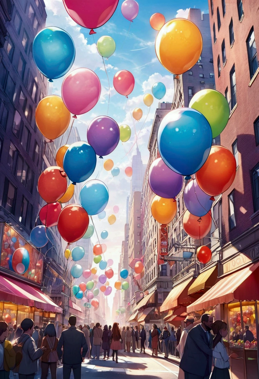 Stage background terraza de edificio durante desfile de globos gigantes por la calle una tarde soleada en new york, globos de pokemonnen estilo de video juego