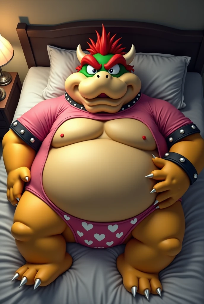 Bowser from Super Mario, Extremely obese, chubby, embarrassed, huge round belly, big moobs, heart underpants, pink tight short sleeves t-shirt, laying on a bed, one hand on the belly