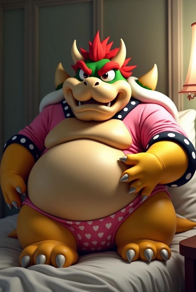 Bowser from Super Mario, Extremely obese, chubby, embarrassed, huge round belly, big moobs, heart underpants, pink tight short sleeves t-shirt, laying on a bed, one hand on the belly