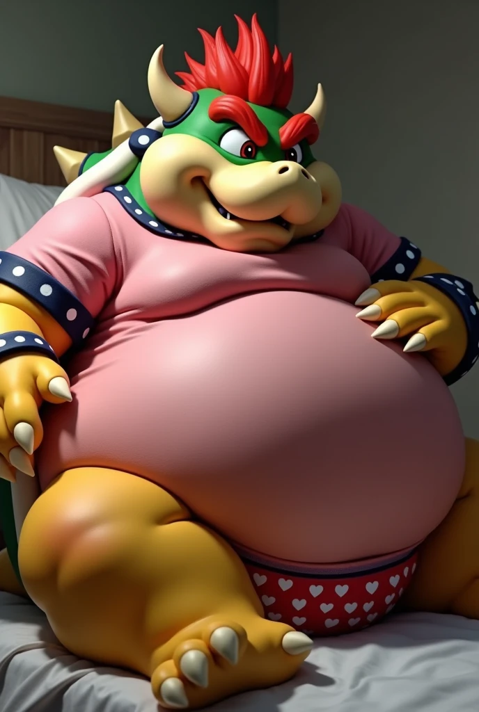 Bowser from Super Mario, Extremely obese, chubby, embarrassed, huge round belly, big moobs, heart underpants, pink tight short sleeves t-shirt, laying on a bed, one hand on the belly