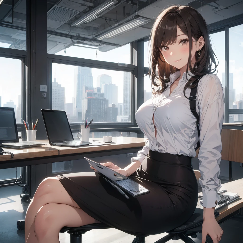 1lady sitting (crossed legs), office worker (stylish outfit), (pencil skirt), mature female, /(dark brown hair/) bangs, blush kind smile, (masterpiece best quality:1.2) delicate illustration ultra-detailed, large breasts BREAK (modern office indoors), window cityscape, detailed background