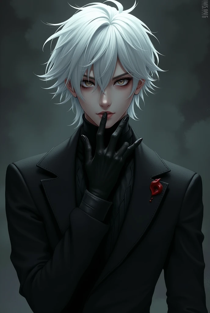 A young-looking man with white hair, wearing black clothes, a glove on one hand and the other bare, and big eyes.