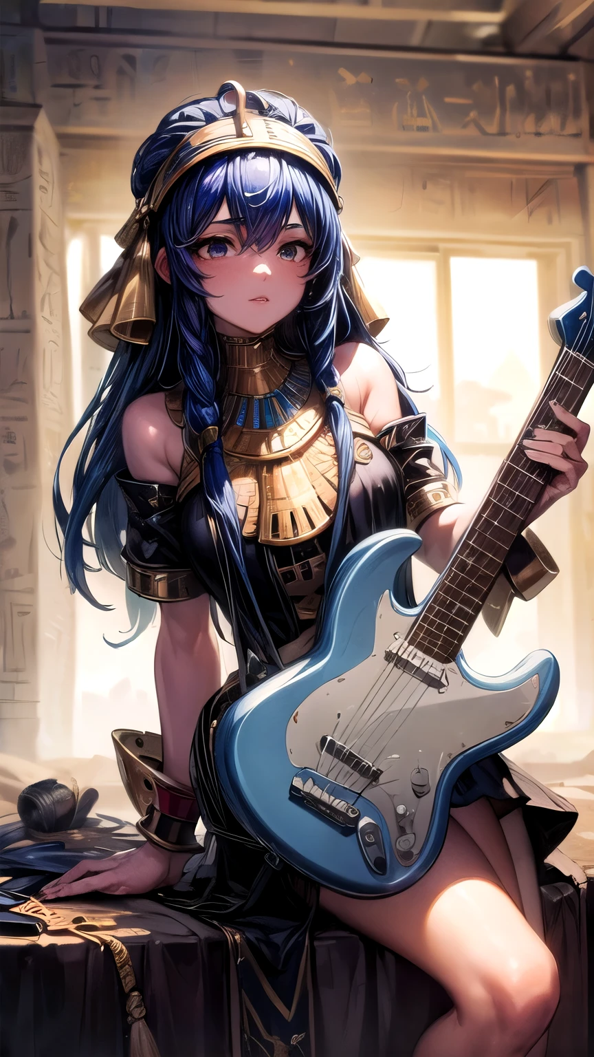 ((8k, masterpiece:1.3)) Create an ancient Egyptian woman playing electric guitar