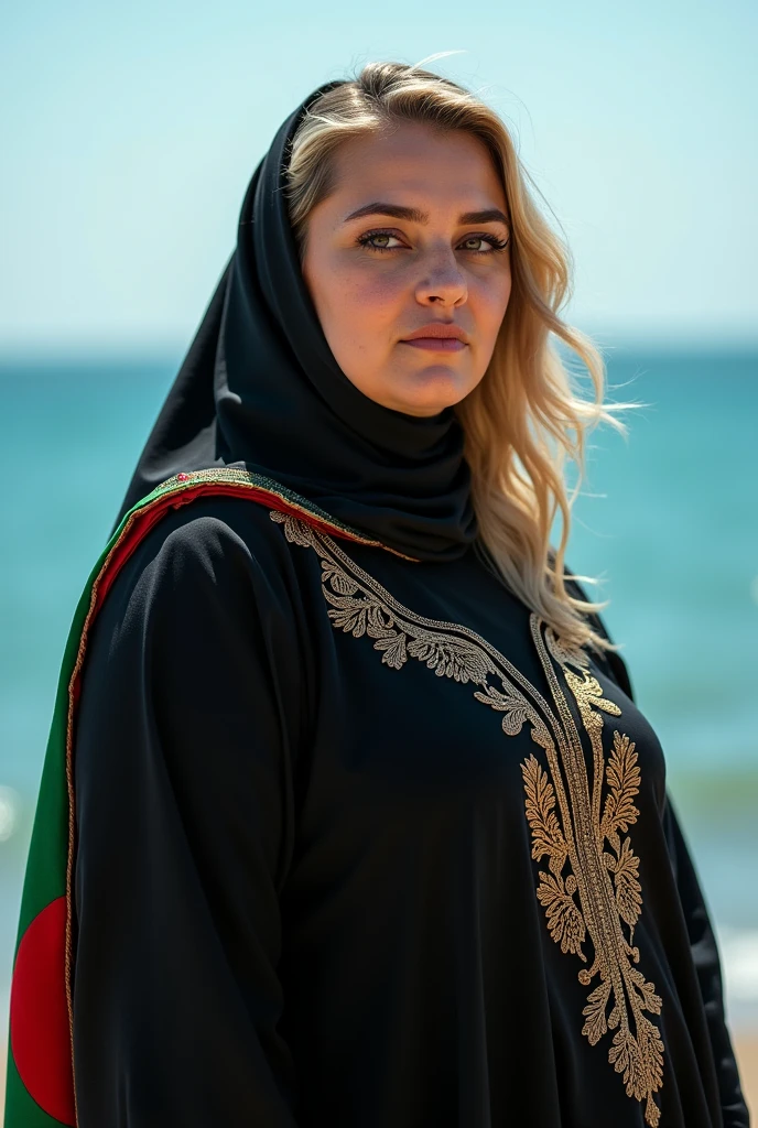 Close up, blonde, plump woman, wearing a black abaya, embroidered with gold, on her shoulder a scarf of the Algerian flag, the Algerian flag is detailed in all its colors and very precise, looking directly at the camera, she is standing on the blue sea shore