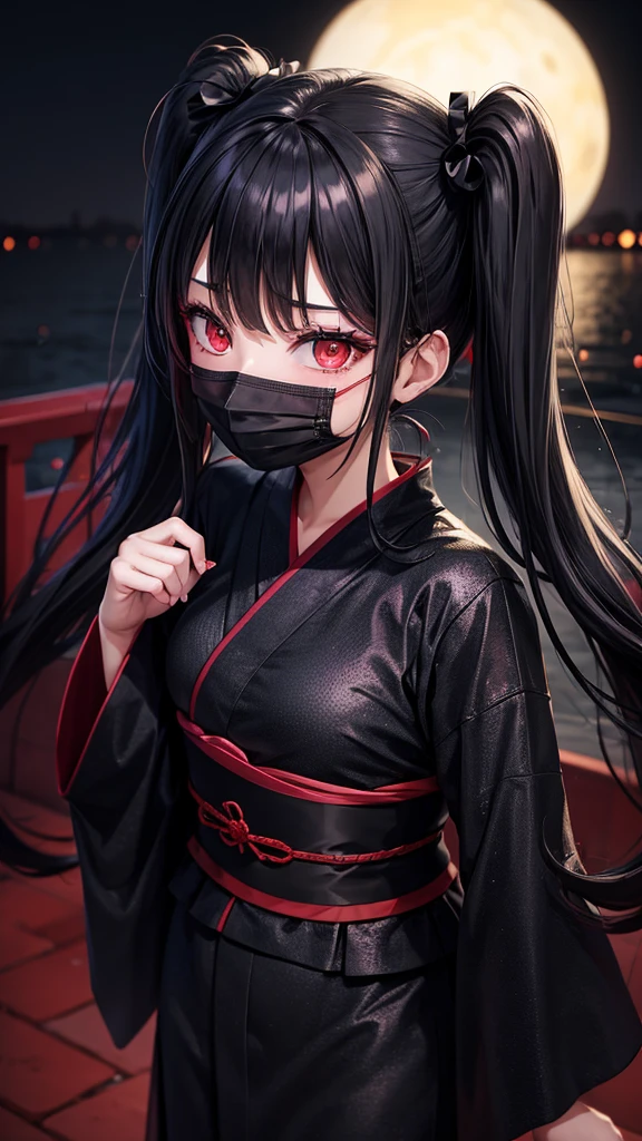 One girl, Red eyes, High-resolution model, Twin tails, Black Hair,yukata,night,nightの雨,Black mask on face,An evil look,