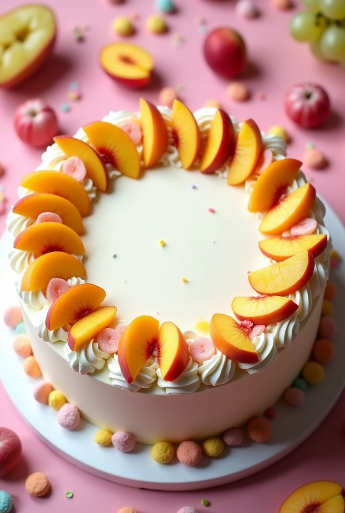 A white cake for a boy with sliced peaches in syrup and grapes cut in half in a circle on top and around it colorful candies like Pixie, almonds and space in the center for the photograph