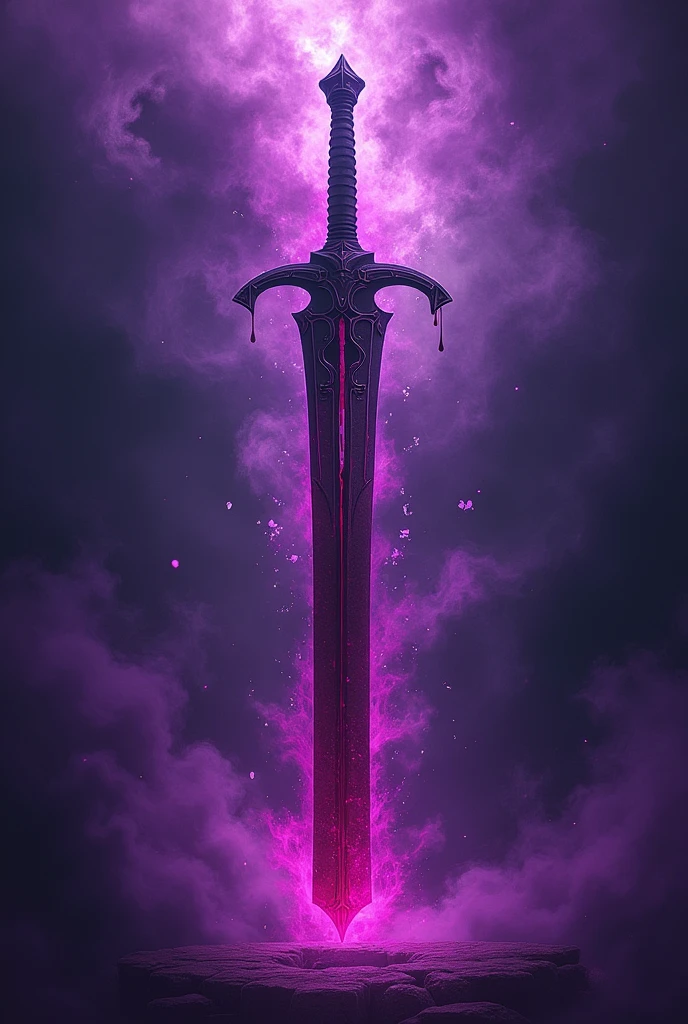 Please generate a poster sized Instagram post. It must have a dual sword in the middle with blood dripping from it. The rest of the poster must be covered with purple magic...like purple dust and make it bright...
Write the "THE FATED FOREST" around the dual sword as a title