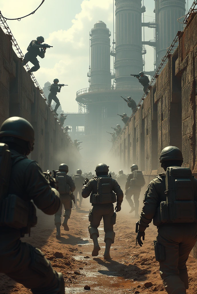 Create a highly realistic visual depiction of an Empire infantry unit clearing an enemy trench fortification in a futuristic dieselpunk setting. The scene is intense and action-packed, with Empire soldiers storming the trench, weapons at the ready. The soldiers are shown in dynamic poses, moving through the narrow, fortified passageways, engaging in close-quarters combat with enemy forces. The trench is filled with debris, smoke, and the remnants of the battle, including damaged equipment and fallen soldiers. The industrial and rugged design of the trench fortification, with its thick walls, barbed wire, and mechanical defenses, adds to the gritty and brutal atmosphere of the scene. The art style should emphasize the realism and intensity of the combat, capturing the chaos and determination of the Empire infantry as they take control of the enemy position.