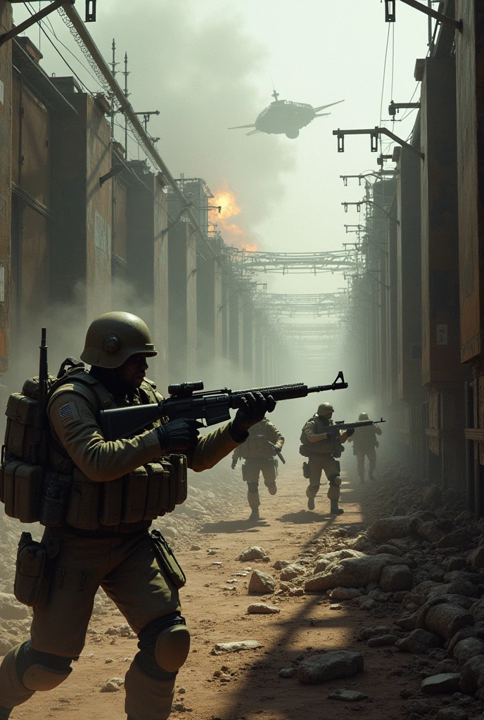 Create a highly realistic visual depiction of an Empire infantry unit clearing an enemy trench fortification in a futuristic dieselpunk setting. The scene is intense and action-packed, with Empire soldiers storming the trench, weapons at the ready. The soldiers are shown in dynamic poses, moving through the narrow, fortified passageways, engaging in close-quarters combat with enemy forces. The trench is filled with debris, smoke, and the remnants of the battle, including damaged equipment and fallen soldiers. The industrial and rugged design of the trench fortification, with its thick walls, barbed wire, and mechanical defenses, adds to the gritty and brutal atmosphere of the scene. The art style should emphasize the realism and intensity of the combat, capturing the chaos and determination of the Empire infantry as they take control of the enemy position.