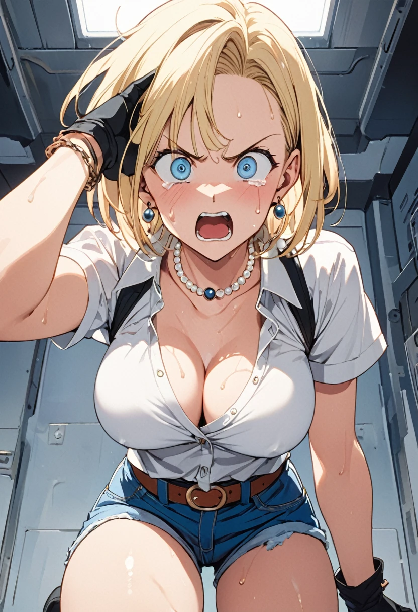 masterpiece, Highest quality, High resolution, (Artificial Human Room No. 18),(Dragon Ball),1990s \(style\),(E-cup beautiful )、height: 170cm,Sweating all over the body、vapor、Muscular、((sexy))、x),(nsfwM-shaped legs),Sweaty、exposed breasts,(Brealling outthes),独奏,Anime-style painting style, blonde hair, Blue eyes, belt, jeans, pearl_necklace, bracelet, black gloves, white shirt, short hair, short sleeves, earrings, blue short pants, open vest, black vest,middle breasts,Composition focusine upper body,(Cool face)、(Pointed eyes),Crying face,Scream,Composition looking up from below
