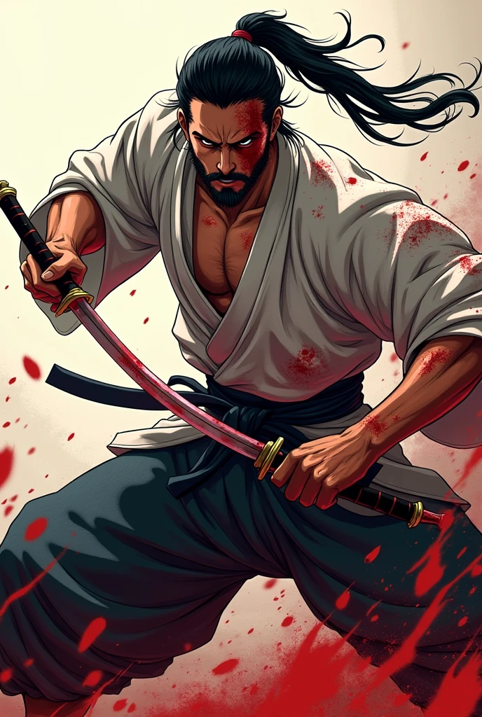 You could generate me a man without a beard, that is wearing a kimono, holding a knife and you can see that he has blood stains on his face and clothes. Let it be anime style with a killer pose and a ponytail in her hair