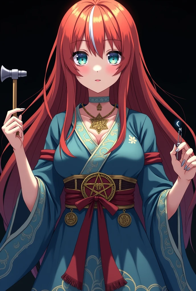 A full body image of an  girl, personagem do anime "Demon Slayer", with long, straight, fire-colored hair with two white streaks highlighted in the front, framing your face. She has blue-green eyes and pale skin.. she is a Wiccan, she is in fighting pose. She wears a pentagram necklace and beautiful feminine Japanese clothes, she holds a nail hammer and small nails. Designed by Koyoharu Goutoge. black backdrop.