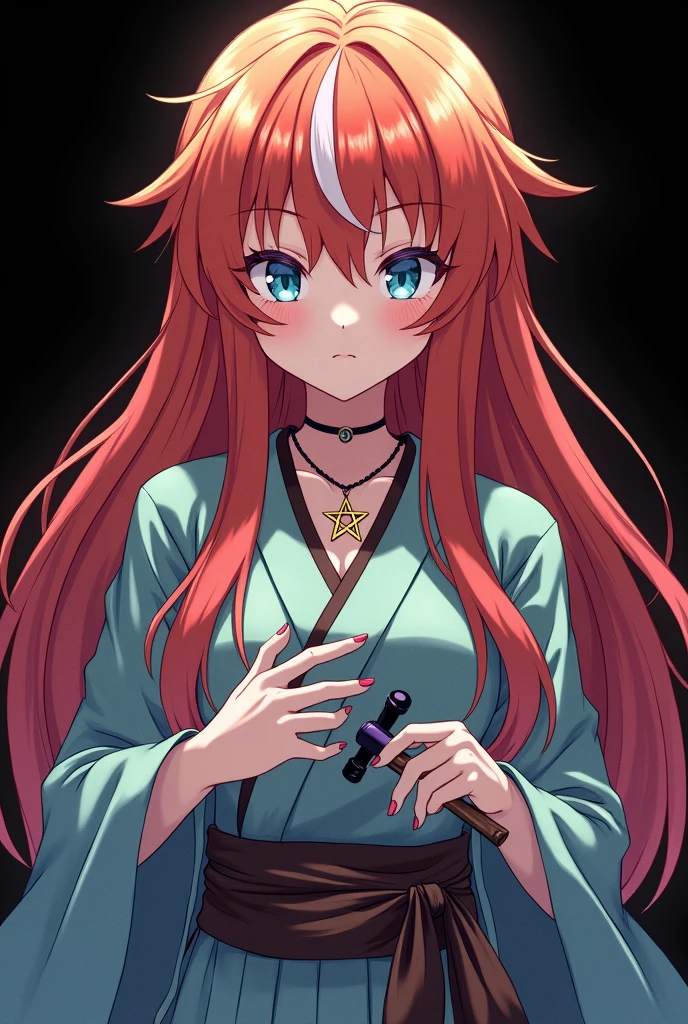 A full body image of an girl, personagem do anime "Demon Slayer", with long, straight, fire-colored hair with two white streaks highlighted in the front, framing your face. She has blue-green eyes and pale skin.. she is a Wiccan, she is in fighting pose. She wears a pentagram necklace and beautiful feminine Japanese clothes, she holds a nail hammer and small nails. Designed by Koyoharu Goutoge. black backdrop.