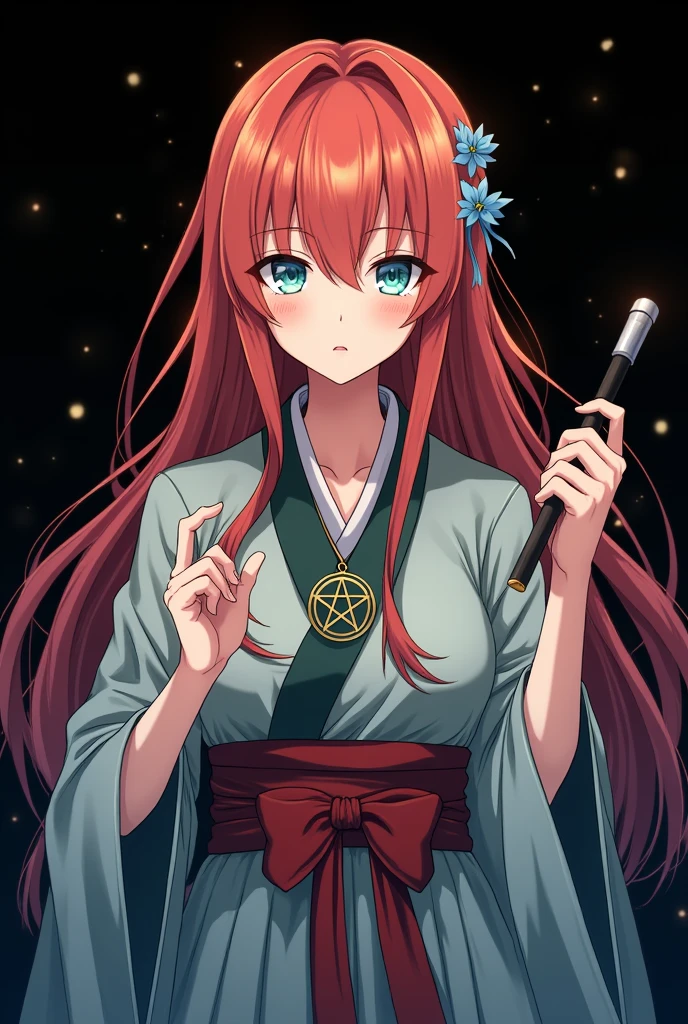 A full body image of an girl, personagem do anime "Demon Slayer", with long, straight, fire-colored hair with two white streaks highlighted in the front, framing your face. She has blue-green eyes and pale skin.. she is a Wiccan, she is in fighting pose. She wears a pentagram necklace and beautiful feminine Japanese clothes, she holds a nail hammer and small nails. Designed by Koyoharu Goutoge. black backdrop.