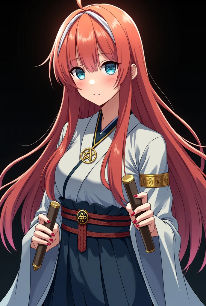 A full body image of an  girl, personagem do anime "Demon Slayer", with long, straight, fire-colored hair with two white streaks highlighted in the front, framing your face. She has blue-green eyes and pale skin.. she is a Wiccan, she is in fighting pose. She wears a pentagram necklace and beautiful feminine Japanese clothes, she holds a nail hammer and small nails. Designed by Koyoharu Goutoge. black backdrop.