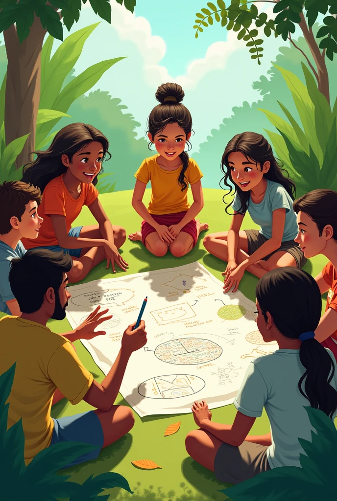 *Scene 3: Brainstorming Solutions**
*Image Description:* Ali, Windy, Minoo, and Robi sit in a circle with the villagers, sketching ideas on a large piece of paper spread on the ground. Everyone is actively participating, pointing to diagrams of sustainable factories and replanting trees. Windy is animated, using her wind powers to help display ideas with leaves and twigs. The scene is filled with hope and collaboration, with smiles and nods of agreement among the group.creat an image for kids story