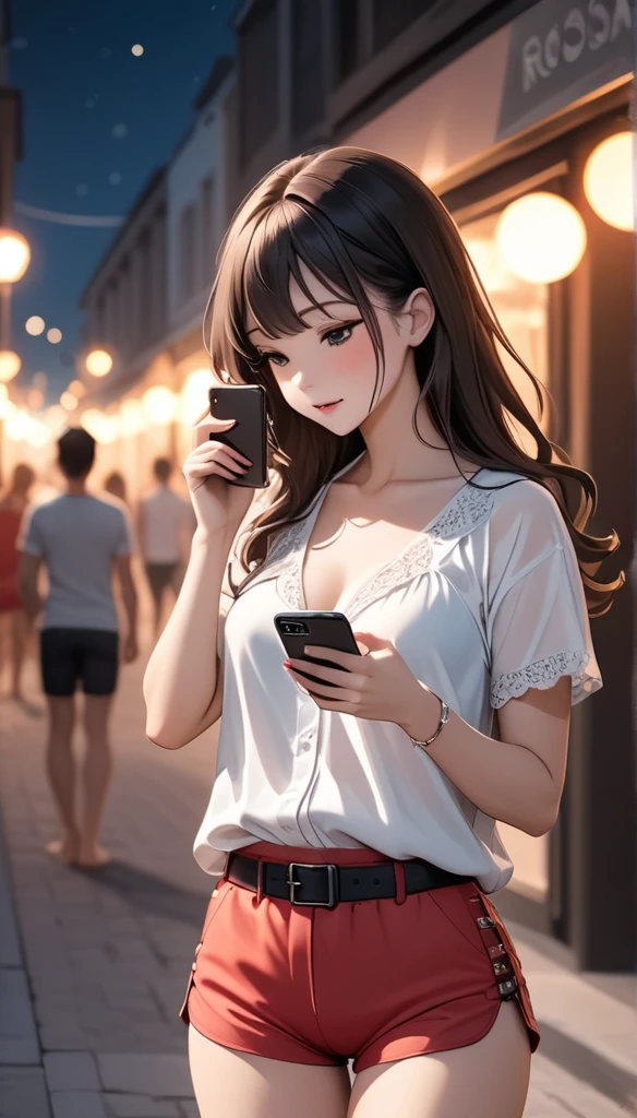 Beautiful woman, street lights at night, Fiddling with smartphones, Hot Pants, black, pink, summer, feel hot, Passersby, night gradient, fine details, Subtle tones, There is a sense of tranquility in the picture. Bokeh,