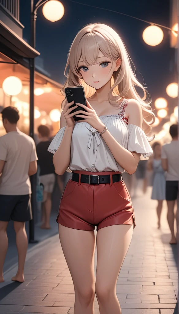 beautiful woman, street lights at night, Playing with smartphones, red shorts, black belt, negro, rosa, summer, be hot, passersby, Night gradient, fine details, barefoot, Subtle tones, There is a sense of tranquility in the image.. bokeh,
