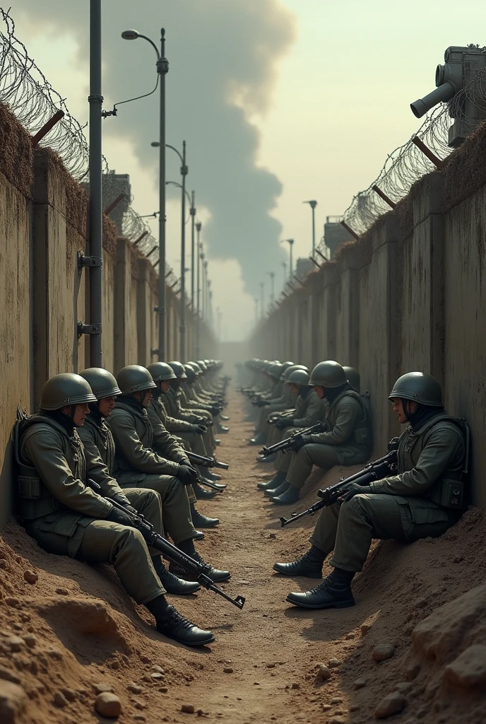 Create a highly realistic visual depiction of an Empire infantry unit taking rest inside their trench fortification in a futuristic dieselpunk setting. The scene captures the soldiers in a moment of respite, with some sitting on the edges of the trench, others leaning against the fortified walls, and a few tending to their equipment or chatting quietly. The trench is heavily fortified with thick, industrial walls, barbed wire, and mechanical defenses, all covered in soot and dirt from the ongoing battles. The atmosphere is tense but slightly relaxed, with the soldiers still on high alert, their weapons close by. The background shows a rugged, war-torn landscape, with smoke rising in the distance. The art style should focus on the gritty realism of the scene, emphasizing the industrial and militaristic aesthetics of the dieselpunk theme.