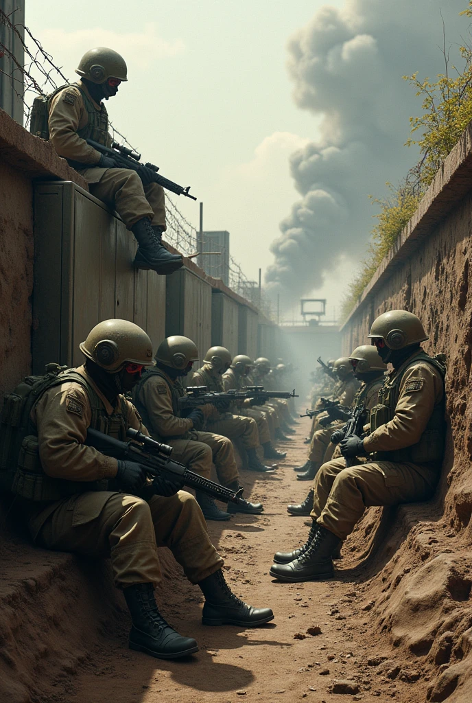 Create a highly realistic visual depiction of an Empire infantry unit taking rest inside their trench fortification in a futuristic dieselpunk setting. The scene captures the soldiers in a moment of respite, with some sitting on the edges of the trench, others leaning against the fortified walls, and a few tending to their equipment or chatting quietly. The trench is heavily fortified with thick, industrial walls, barbed wire, and mechanical defenses, all covered in soot and dirt from the ongoing battles. The atmosphere is tense but slightly relaxed, with the soldiers still on high alert, their weapons close by. The background shows a rugged, war-torn landscape, with smoke rising in the distance. The art style should focus on the gritty realism of the scene, emphasizing the industrial and militaristic aesthetics of the dieselpunk theme.