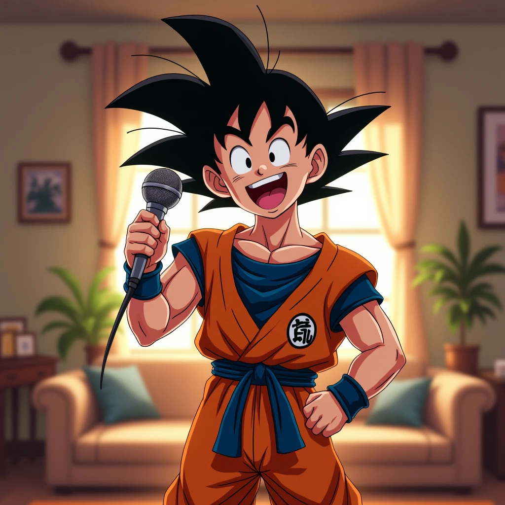  Goku happy in his living room with a microphone in his hand