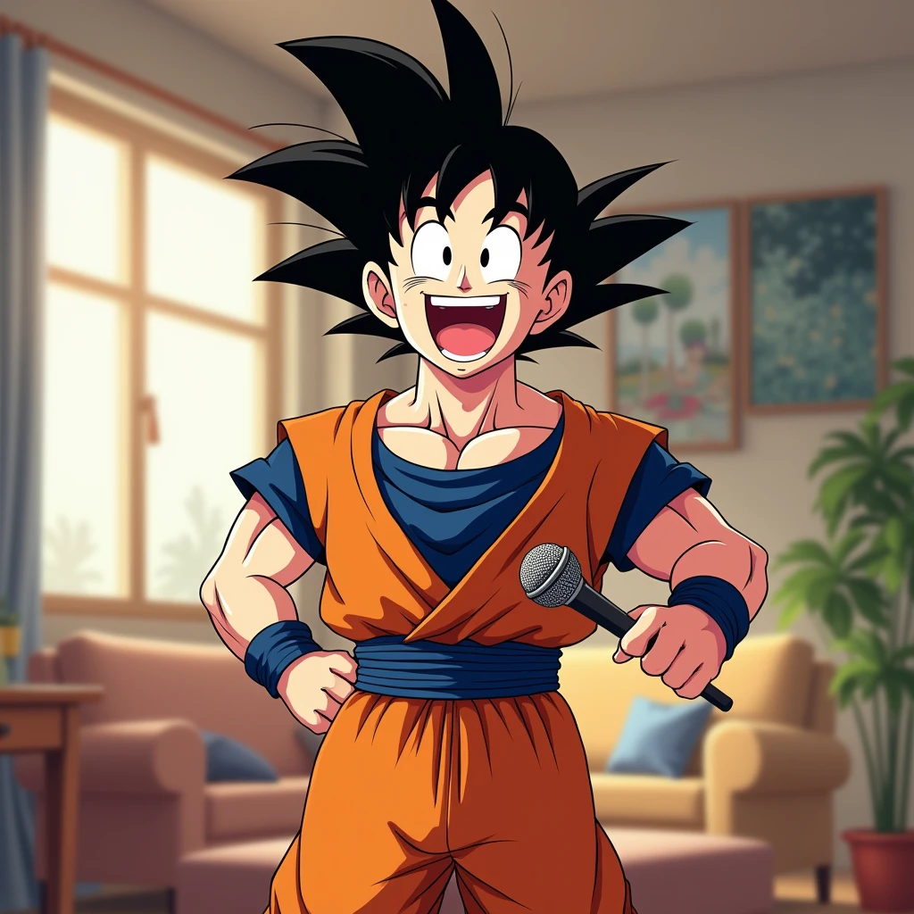  Goku happy in his living room with a microphone in his hand