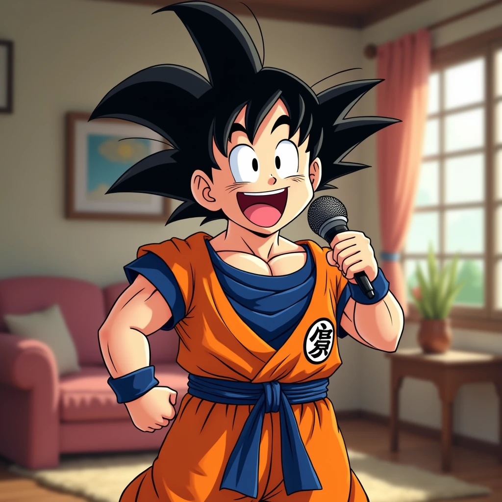  Goku happy in his living room with a microphone in his hand